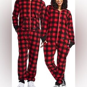 Red Buffalo Plaid Lumberjack Hooded Onesie with Pockets - Adult Size Med EC